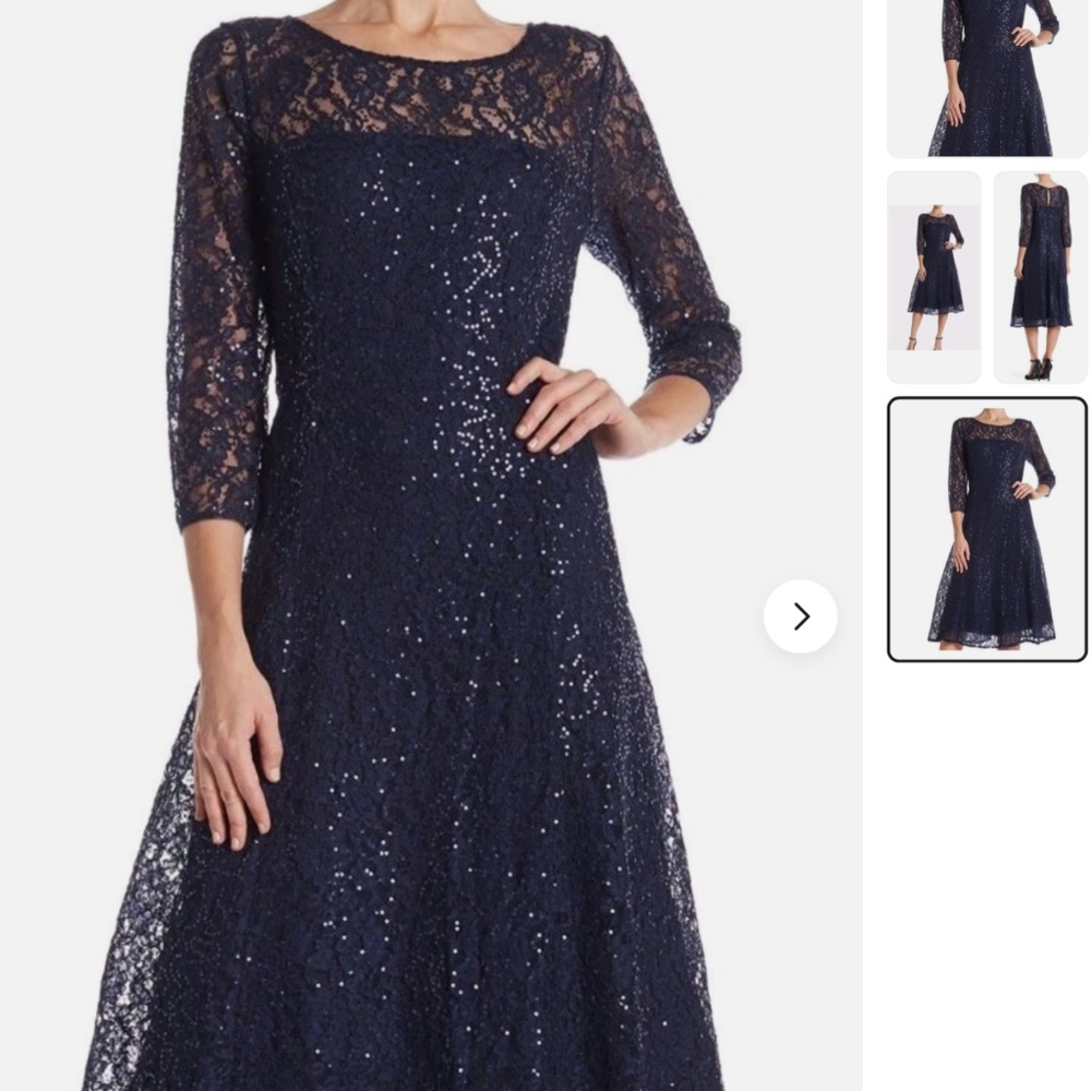 SL FASHIONS Lace Overlay Fit & Flare Midi Dress, size 16